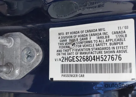 2004 Honda Civic Ex из США, поврежденный, VIN 2HGES26804H527676